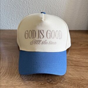 Tan and Blue Cap with Embroidered Text